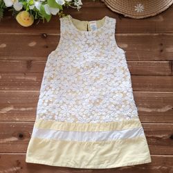 5T PASTEL YELLOW SLEEVELESS WHITE EMBROIDERED FLORAL LACE OVERLAY A-LINE DRESS