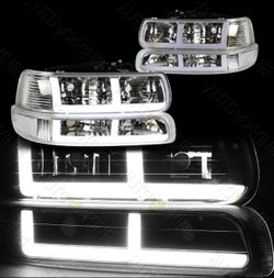 00-06 Chevy Tahoe Silverado Chrome Clear G2 LED Strip Bar Headlights Parking Lights
