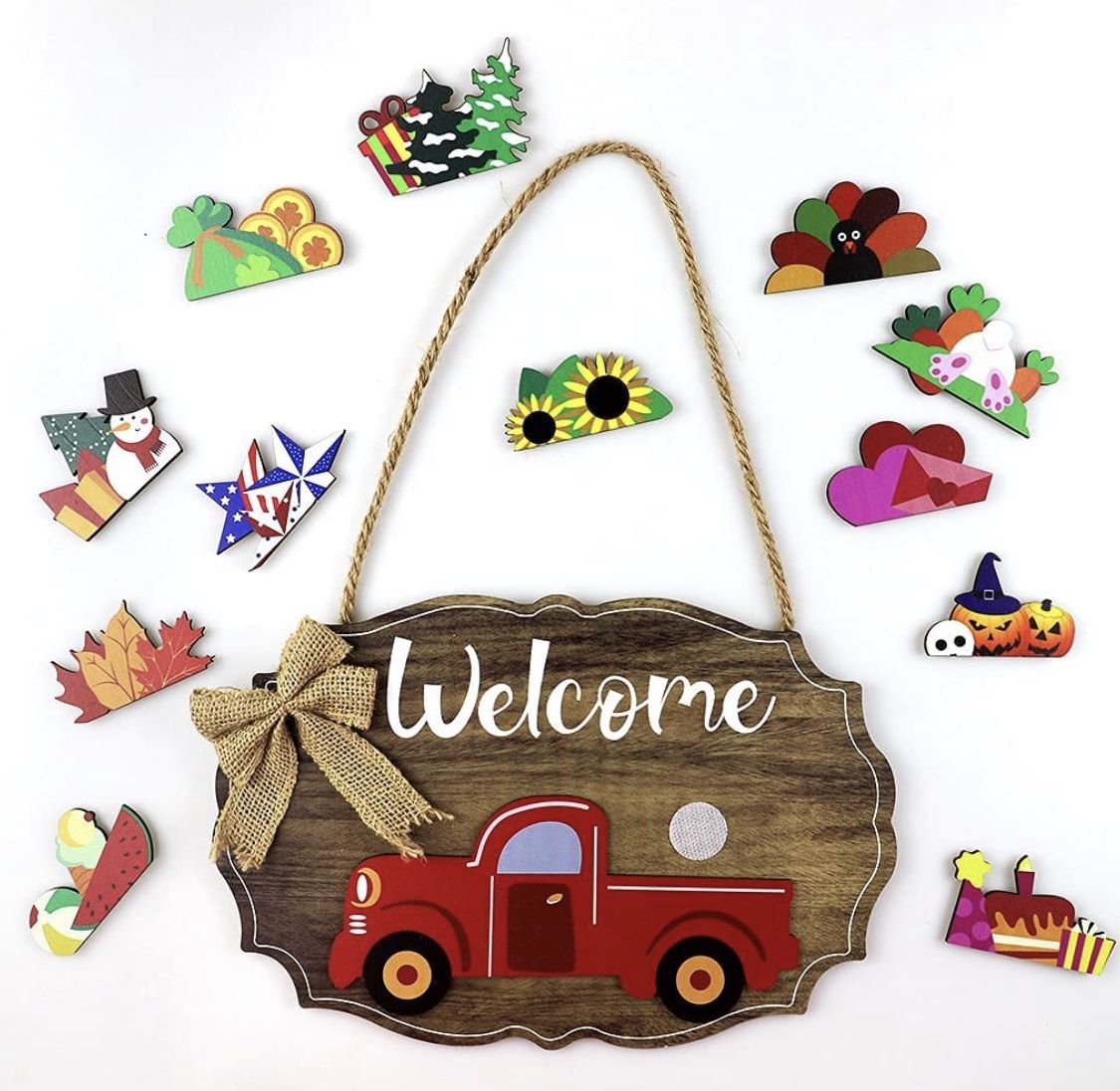 Welcome Sign and Home Decoration. Country red Truck Decoration with 12 Interchangeable Holiday Icons, Suitable for Spring, Easter, Autumn Harvest, Hal