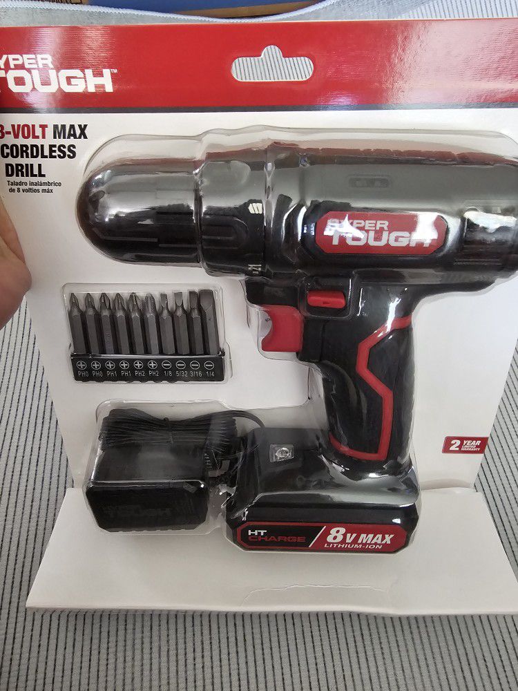 Cordless Drill Hyper Tough 8V Max 3/8 Inch Chuck, Non-removable 1.5Ah Battery with Charger, Bit Holder And LED Lights. NEW.

-3/8" keyless chuck allow