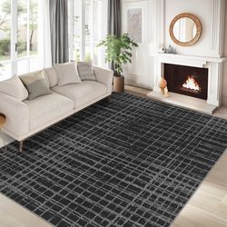 10x13 HUGE! Low Pile Washable Stain Resistant Nonslip Modern Area Rug, Black/Gray, NEW