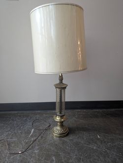 Vintage Brass Tone Ornate Floor Lamp with Cream Fabric Shade