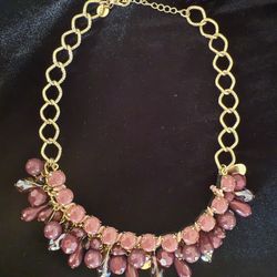 Gold-tone Chain Necklace with Pink and Medium Wine Color Beads