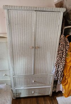 White Wicker Armoire with Two Drawers