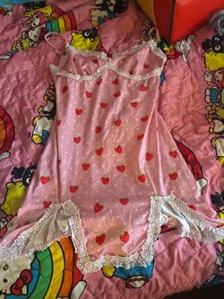 Pink Strawberry Print Lace Trim Slip Dress