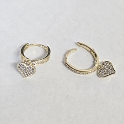 14kt Gold CZ Stone Heart Dangle Earrings