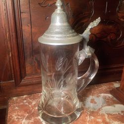Old Etched Glass German Beer Stein 