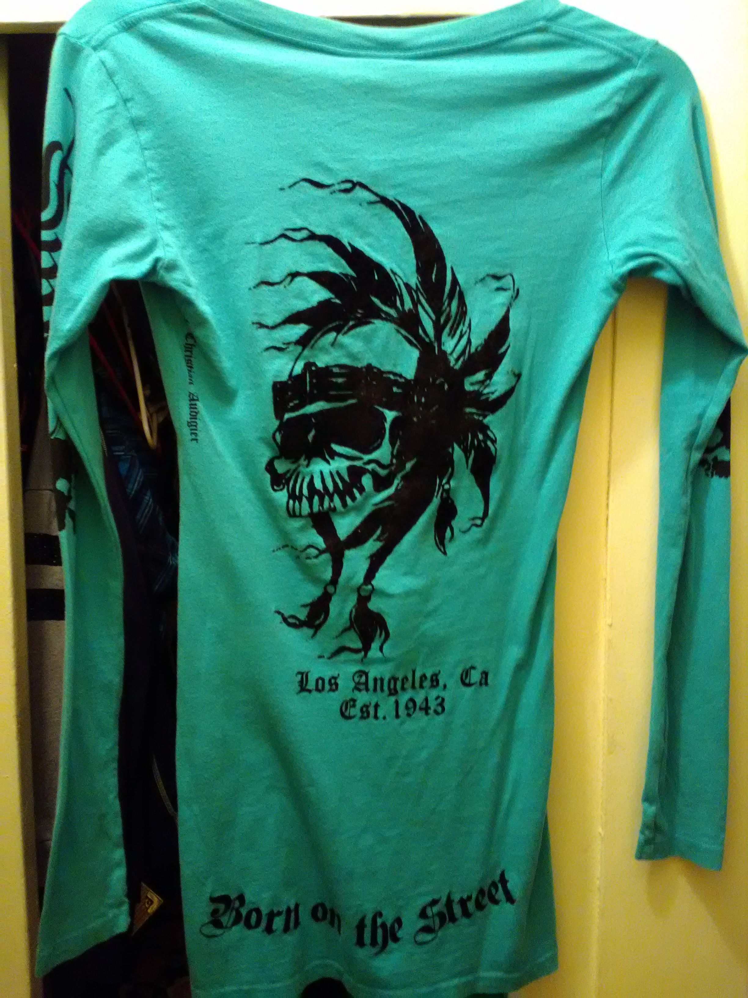 NWT Small Smet Christian Audigier women's aqua long sleeve shirt