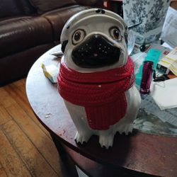 Pug Cookie Jar World Market Treat/Cookie Hat & Red Scarf With A  Few Chips