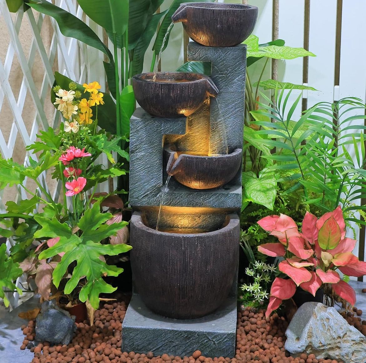 SERBILHOME 4 Tiered Bowls Water Fountain Outdoor 35.8”Floor Fountain with Led Lights Waterfall Fountain for Patio, Deck, Porch, Home Art Decor, and Ba