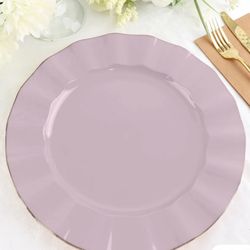 10 Pack 11" Lavender Lilac Disposable Dinner Plates With Gold Ruffled Rim,