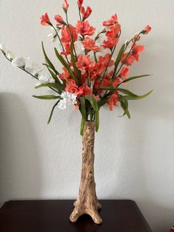 36” Tall Artificial Floral Arrangement w/ Rustic Vase – Coral & White Flower