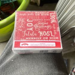 The image shows a Holiday Time 4-pack decorative coaster set. 