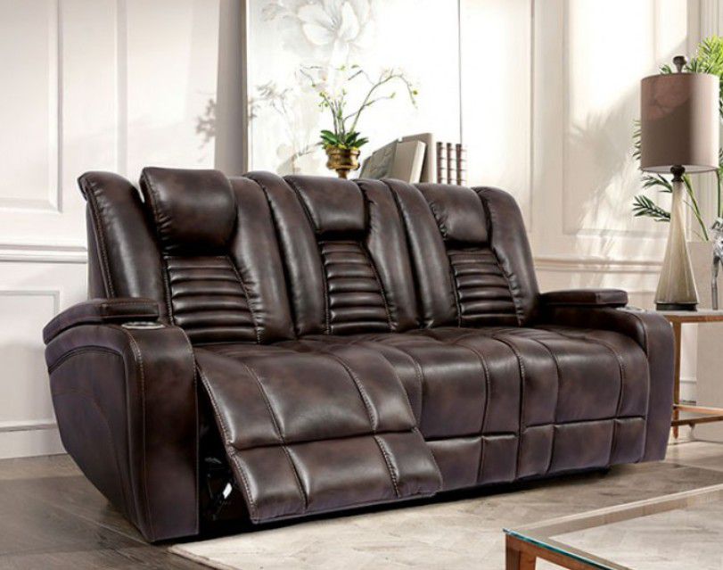 Brand New Super Plush Brown Leather Power Reclining Sofa & Loveseat 