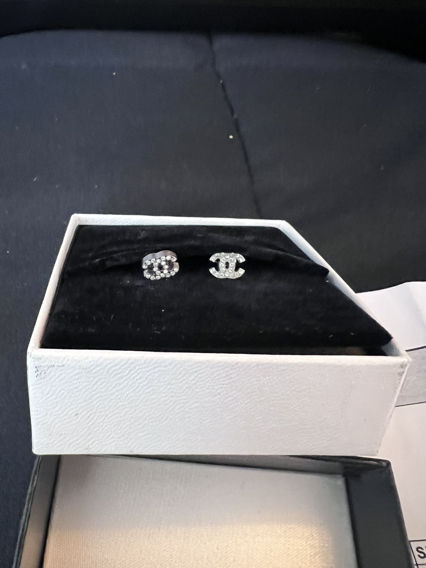 Chanel silver CC crystal piercing earrings with box