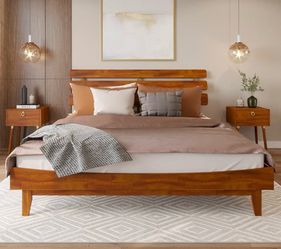 NEW Farmhouse King Size Bed Frame & Adjustable Headboard, Solid Acacia Wood !