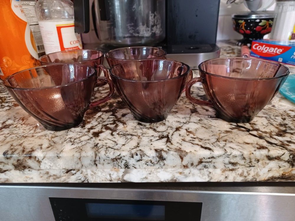 (5) Vintage Vereco France Purple Depression Glass Cup Frosted Swirl