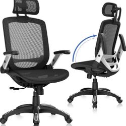 GABRYLLY Ergonomic Office Chair, High Back Home Desk Chair with Headrest, Flip-Up Arms, 90-120° Tilt Lock and Wide Cushion, Big and Tall Mesh Chairs 