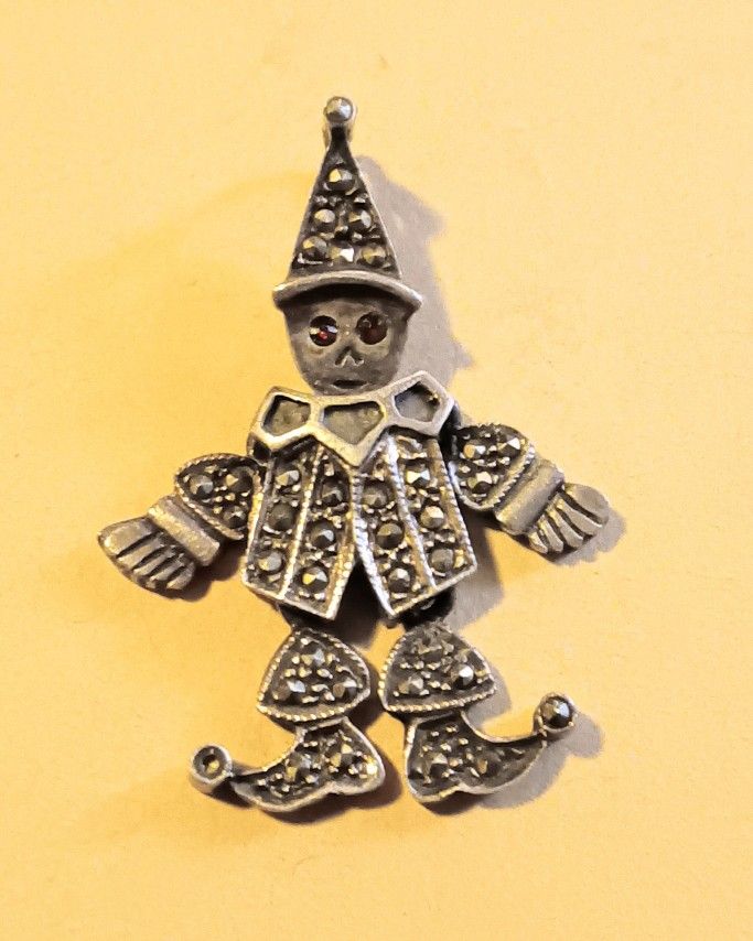 Art Deco Sterling Silver and Marcasite Articulated Clown Pendant