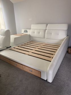 Luxury king size bed frame with massage chair and desk