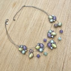 Triple Strand Purple Yellow Statment Necklace 