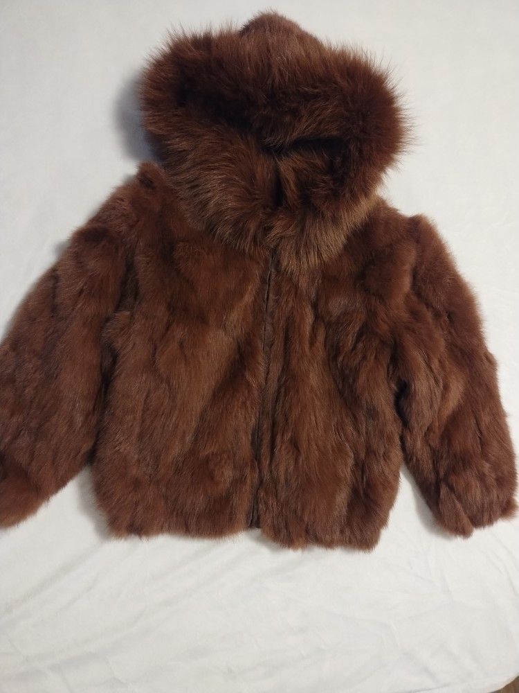 Kids Genuine Hooded Satin Rabbit Fur Bomber Jacket