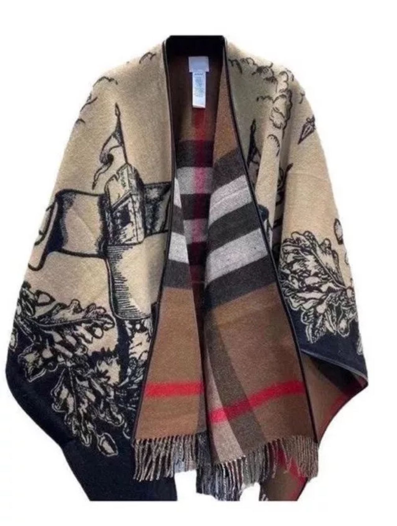 BURBERRY CHARLOTTE CAMEL WOOL SOLID CHECK REVERSIBLE PONCHO CAPE 140X140