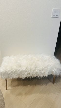 Modern White Furry Bedroom Bench with Gold Metal Legs,