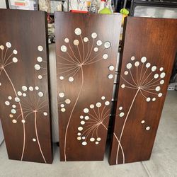 3-Piece Wooden Wall Art Panel Set – Floral/Dandelion Design