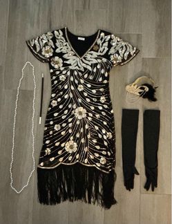 1920s Flapper Halloween Costume Set with Accessories Women’s SMALL