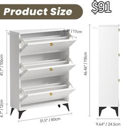 😀 Shoe Storage Cabinet with 3 Flip Drawers, Shoe Rack Cabinet with 3-Tier Removable Shelves and Gold Handles, Freestanding Shoe Organizer with Metal 