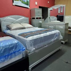 Champagne Upholstered Bedroom Set Queen or King Beds Dressers Nightstands Mirrors Chests Options With İnterest Free Payment Options Vail