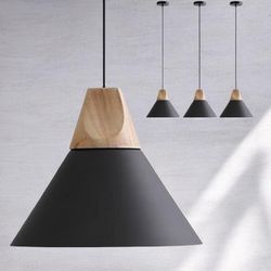 Set Of 3 Solid Wood Ceiling Hanging Lamps,Modern Matte Black Pendant Lighting