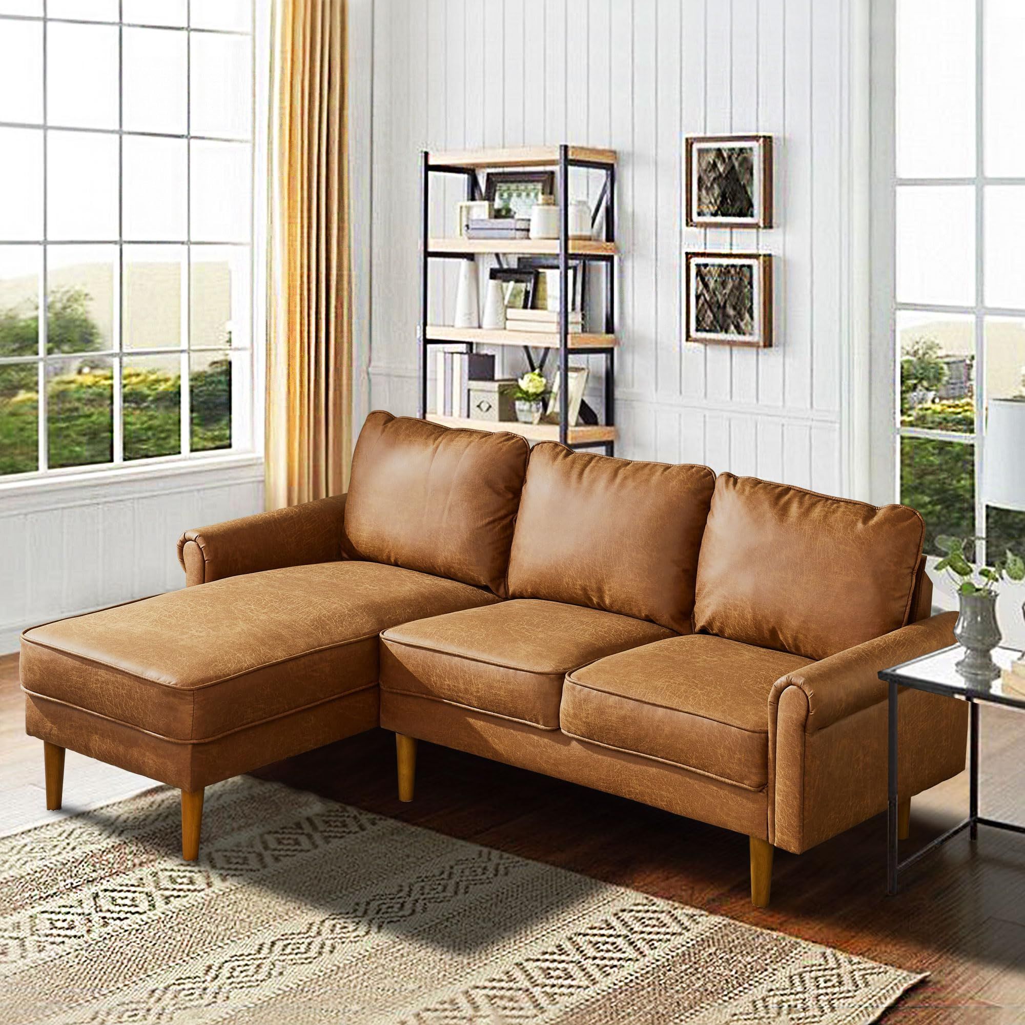 81" Small Sectional Sofa Couches for Living Room,Mid-Century Modern L-Shape Sofa Couch with Chaise,Faux Leather Comfy Chaise Sofa for Office Apartment