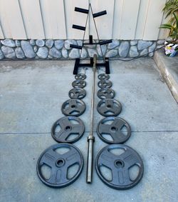 Olympic Weights, 7-ft Bar, Bench, Weight Holder Tree