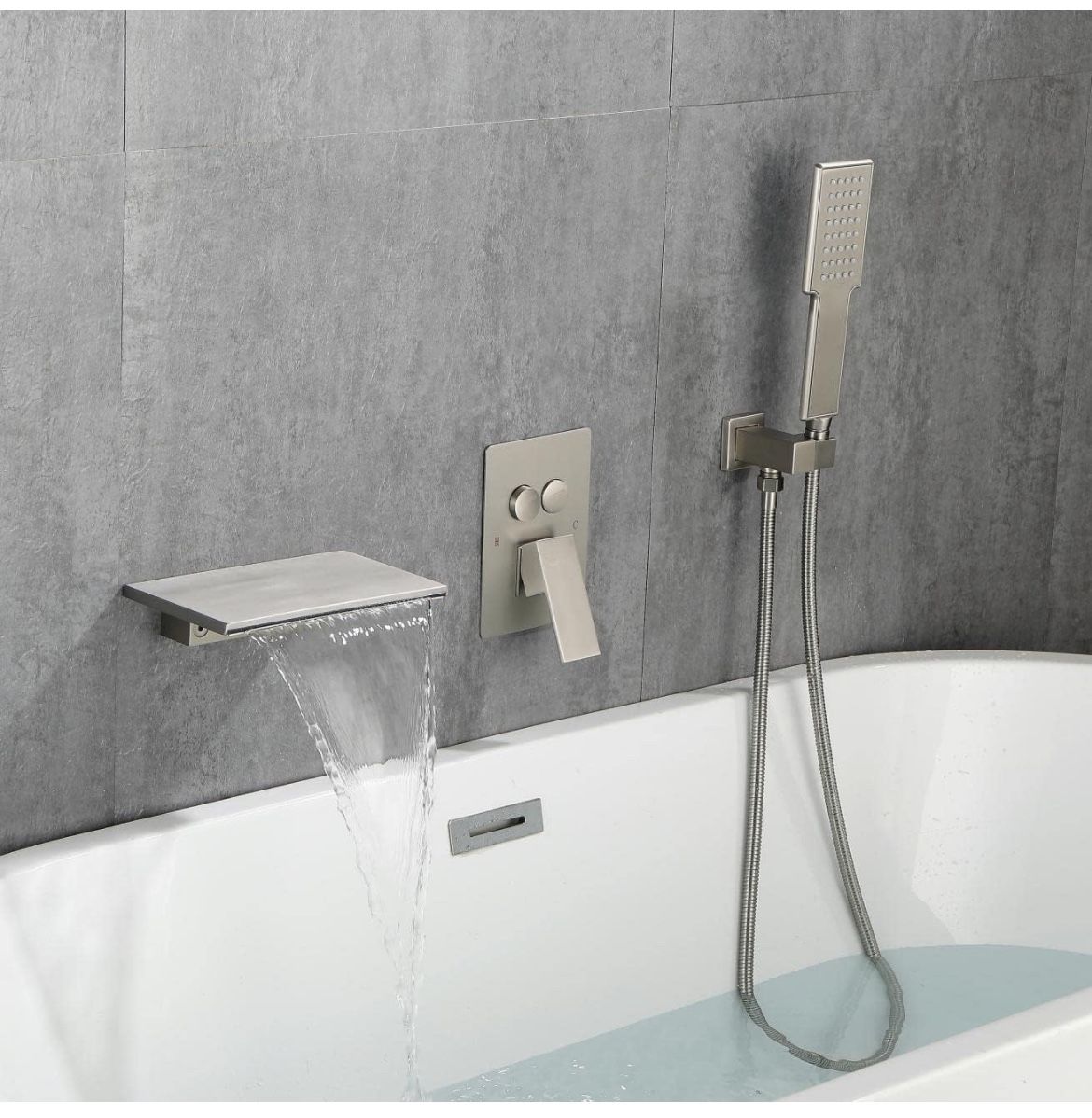 Push Button Waterfall Bathtub Faucet Set with Sprayer Shower System Brushed Nickel Shower Faucets Sets Complete Single Handle Brass Tub ShowerFaucet