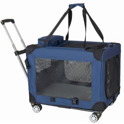 2 in 1, 28'' Collapsible Travel Dog Crate for Medium Large Dogs, Rolling Pet Carrier with Wheels, 3-Door Portable Folding Pet Kennel with Mesh Windows