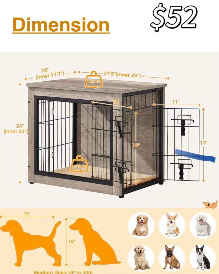 😀 Yaheetech 27.5'' Dog Crate Furniture with Cushion Wooden Dog Crate with Double Doors/Adjustable Feet Side End Table for Small/Medium Dogs, Greige