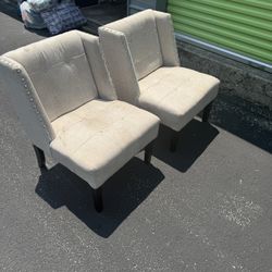  2 Beige Upholstered Studded Accent Chairs 
