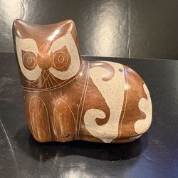 Vintage Tonala Mexican Folk Art Ceramic Pottery Cat Figurine signed V Silva  5" long x 4.25' tall x 3" wide