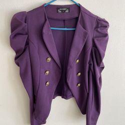 This is a stylish women's short coat (suit). • Color and style: This is a dark purple short coat with an unbuttoned and open-collar design. • Sleeve d