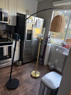 Black Arc Floor Lamp with Woven Shade