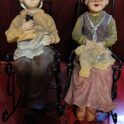 Grandma and Grandpa Sitting Metal Rockers Figurines Metal Folk Art Figures