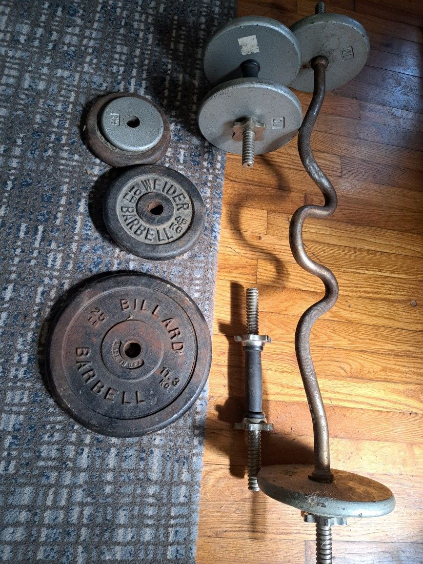 gym quality steel weights and curl bar w/dumbells