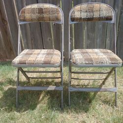 Pair Of 2 Vintage Clarin MCM Brown Plaid Padded Heavy Folding Chairs