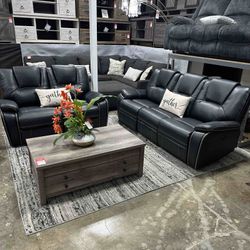 2PCS POWER RECLINER SET, SOFA AND LOVESEAT, BLACK AIR LEATHER W USB [NEW]