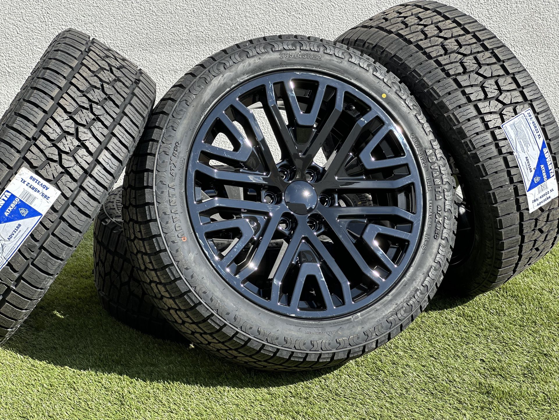 22" GMC Sierra Wheels Black 6 lug AT4 rims A/T 285/45R22 tires Denali Suburban Chevy Silverado Tahoe Escalade