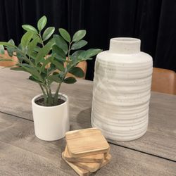 Table Top Decor Set Faux Plant Vase Coasters 
