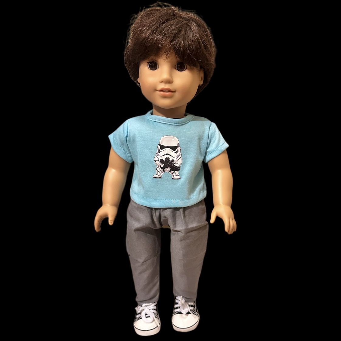 3 Pc 18” Boy Doll Outfit, Blue Star Wars Trooper Novelty Tee Shirt, Gray Pants & Black Converse Shoes, Fits American Girl