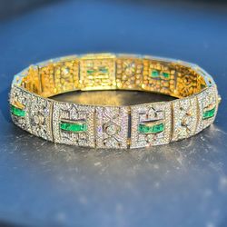 Art Deco Vintage 18k solid yellow gold Natural 5CTW Diamond 2.6CTW Emerald bracelet 7” 13mm